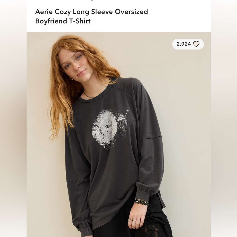 Aerie Oversized Cozy Long Sleeve Boyfriend T-Shirt - Charcoal with Graphic